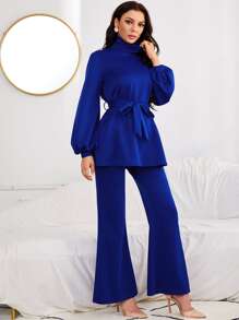 Modelyn High Neck Lantern Sleeve Belted Top & Flare Leg Trousers - Royal Blue - View 1