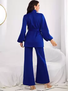 Modelyn High Neck Lantern Sleeve Belted Top & Flare Leg Trousers - Royal Blue - View 2