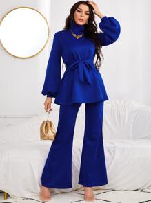 Modelyn High Neck Lantern Sleeve Belted Top & Flare Leg Trousers - Royal Blue - View 3