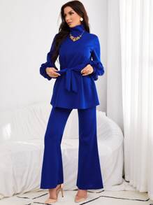 Modelyn High Neck Lantern Sleeve Belted Top & Flare Leg Trousers - Royal Blue - View 4