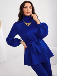 Modelyn High Neck Lantern Sleeve Belted Top & Flare Leg Trousers - Royal Blue - View 5