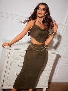 Modelyn Draped Collar Knot Back Cami Top & Chain Pencil Skirt - Mocha Brown - View 3