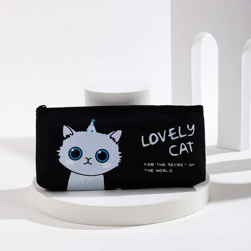 

Cat Graphic Zip Around Purse, Black and white