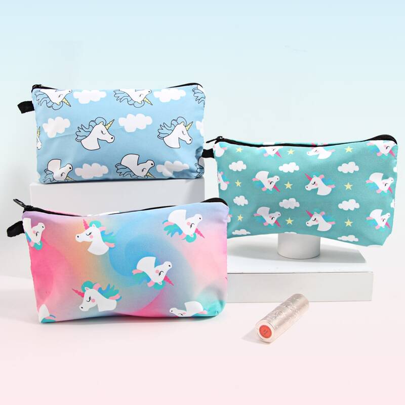 

3pcs Cartoon Unicorn Pattern Zippered Makeup Bag, Multicolor