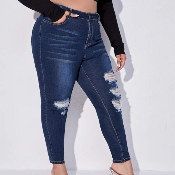 

Plus High Waist Ripped Skinny Jeans, Dark wash