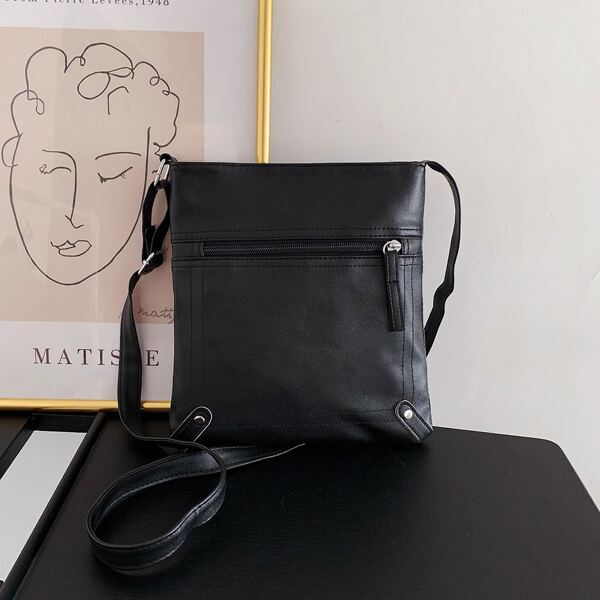 

Stitch Detail Zip Front Square Bag, Black