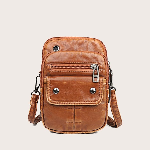 

Studded Zip Front Crossbody Bag, Brown