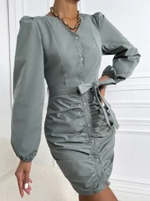 Chiquease Ruched Front Lantern Sleeve Belted Dress - Grey - View 1