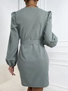 Chiquease Ruched Front Lantern Sleeve Belted Dress - Grey - View 2