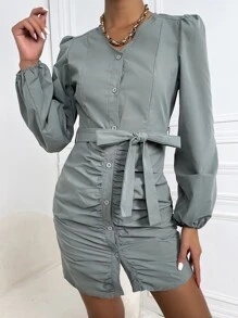 Chiquease Ruched Front Lantern Sleeve Belted Dress - Grey - View 3