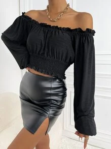 SHEIN VCAY Blusa con bordado con ojal de hombros descubiertos con fruncido - Negro - Ver 3