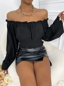 SHEIN VCAY Blusa con bordado con ojal de hombros descubiertos con fruncido - Negro - Ver 4