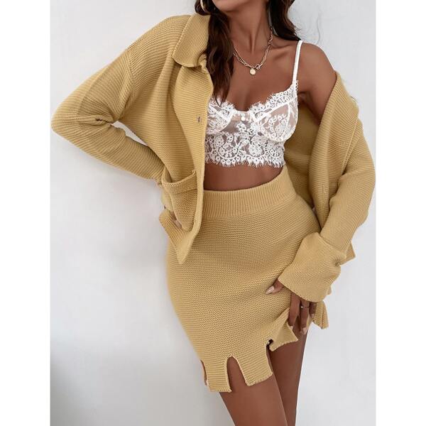 

Solid Button Front Pocket Cardigan & Asymmetric Hem Knit Skirt, Khaki