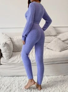 Chiquease V領短款毛衣和腰部打結針織長褲套裝 - 紫羅蘭色 - 查看 2