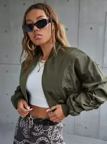 SHEIN EZwear Ruched Sleeve Crop Bomber Jacket In Fall/Winter - Army Green - View 6
