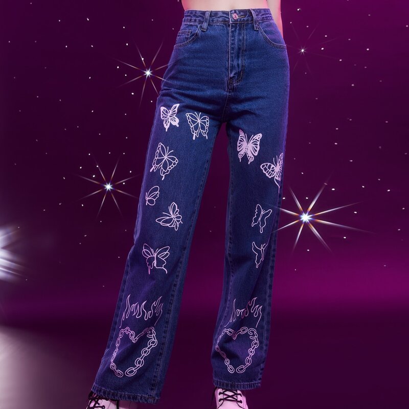 

High Waist Butterfly & Fire Print Wide Leg Jeans, Dark wash