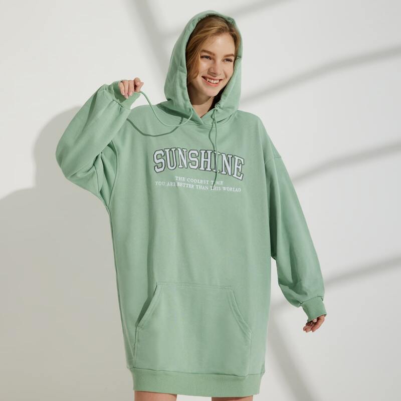 

Slogan Embroidery Drop Shoulder Hooded Sweatshirt Dress, Mint green