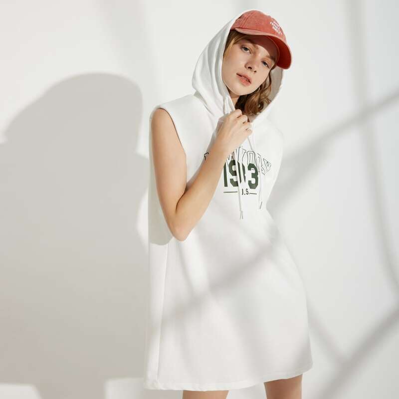 

Letter Graphic Shoulder Padded Hooded Sweatshirt Dress, White