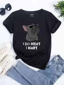 SHEIN EZwear Camiseta con gráfico de perro y eslogan "YO HAGO LO QUE QUIERO" - Negro - Ver 1