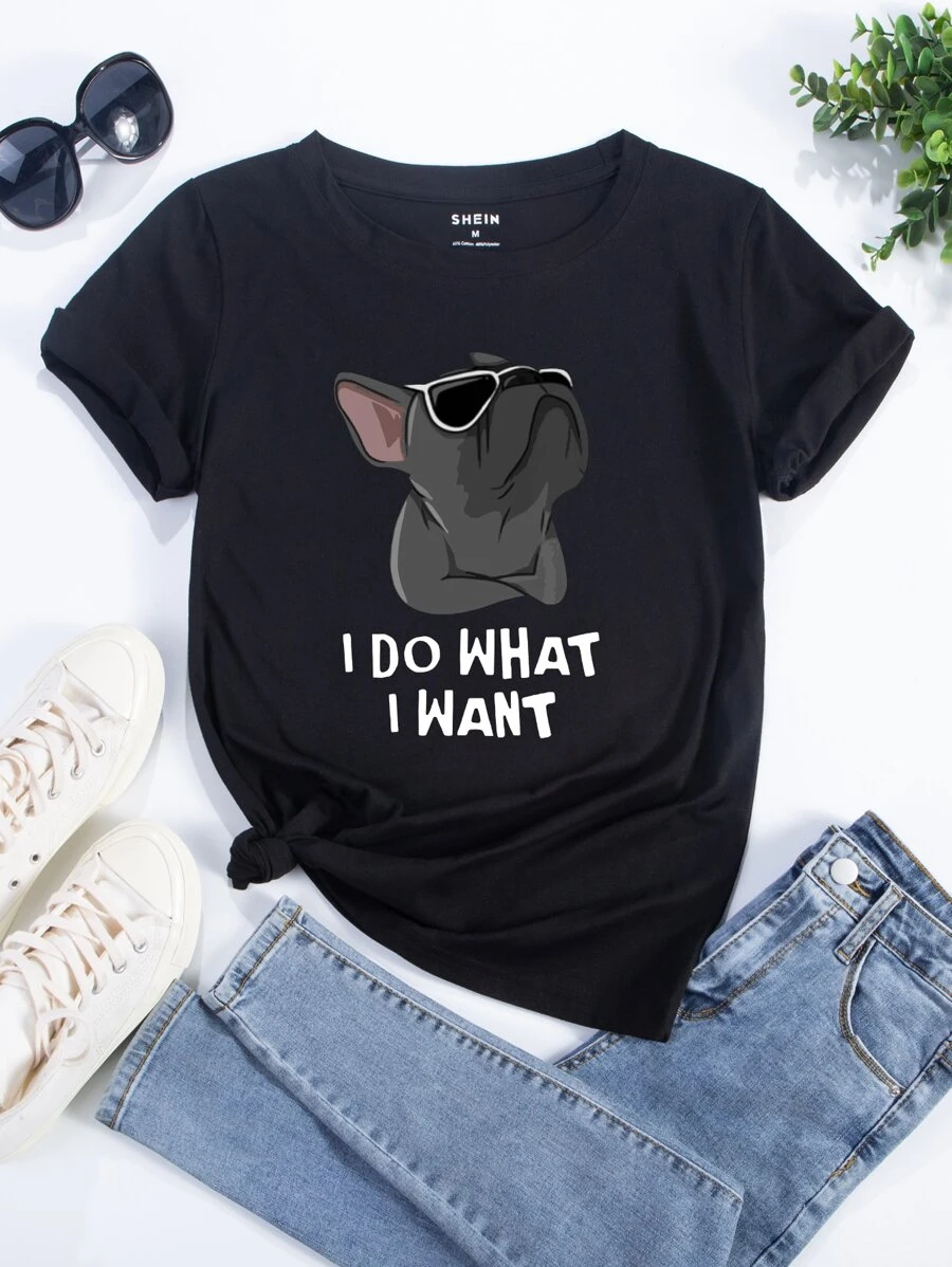 SHEIN EZwear Camiseta con gráfico de perro y eslogan "YO HAGO LO QUE QUIERO" - Negro - Ver 1