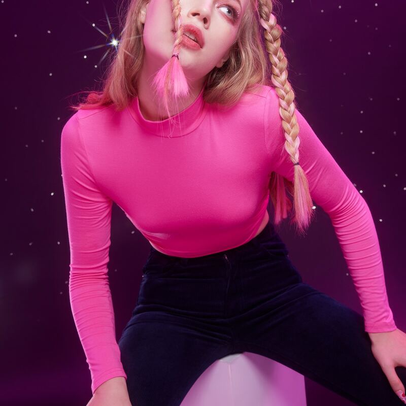 

Mock Neck Self-Tie Open-Back Crop Top, Hot pink