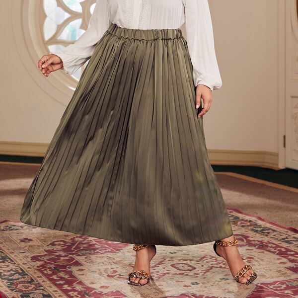 

Plus Elastic Waist Maxi Pleated Skirt, Bronze