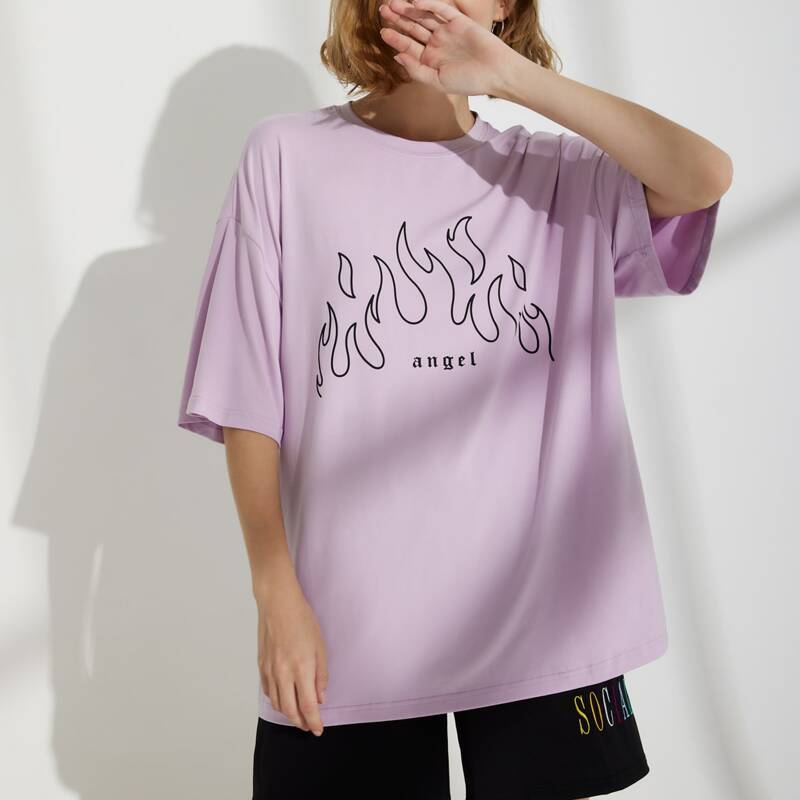 

Letter & Fire Graphic Oversized Longline Tee, Lilac purple
