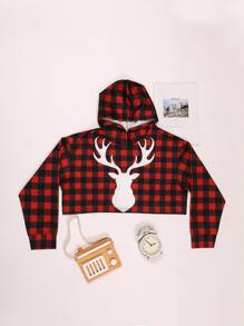 SHEIN Unity 1pc Gingham And Elk Print Crop Hoodie Pullover Fall Outfit - Multicolor - View 4