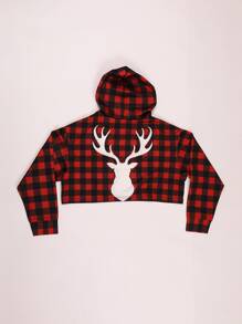 SHEIN Unity 1pc Gingham And Elk Print Crop Hoodie Pullover Fall Outfit - Multicolor - View 2