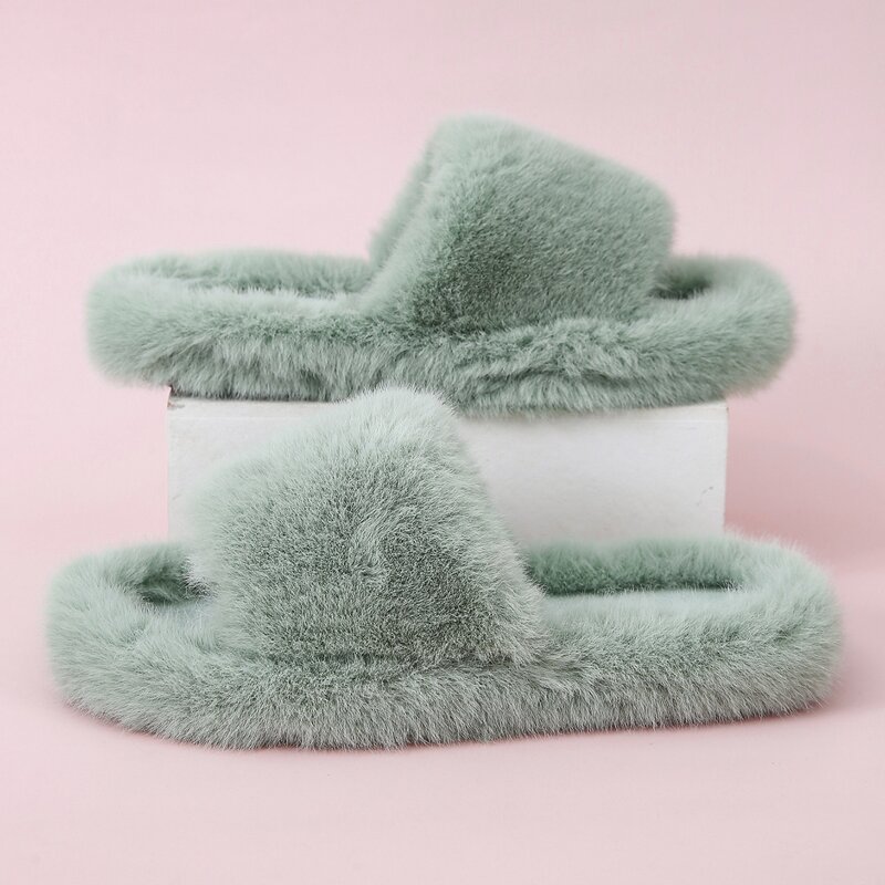 

Fluffy Open Toe Slippers, Green