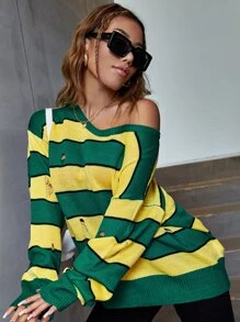 SHEIN Áo len Bị tách Sọc Giải trí - Nhiều màu - Xem 3