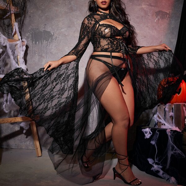 

4pack Plus Floral Lace Halloween Costume Set, Black