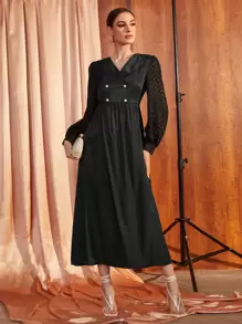 Modelyn Button Detail Lantern Sleeve Dress - Black - View 1