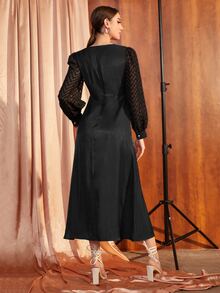 Modelyn Button Detail Lantern Sleeve Dress - Black - View 2