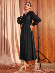 Modelyn Button Detail Lantern Sleeve Dress - Black - View 4