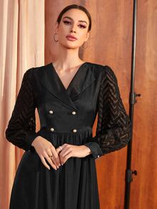 Modelyn Button Detail Lantern Sleeve Dress - Black - View 5