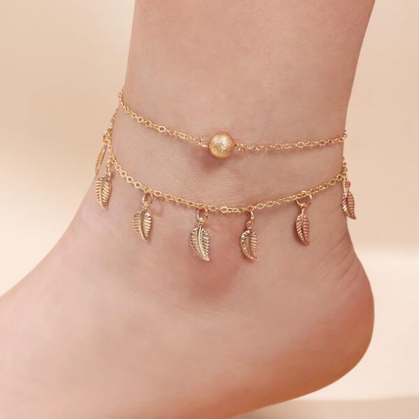 

Girls Leaf Charm Anklet, Gold