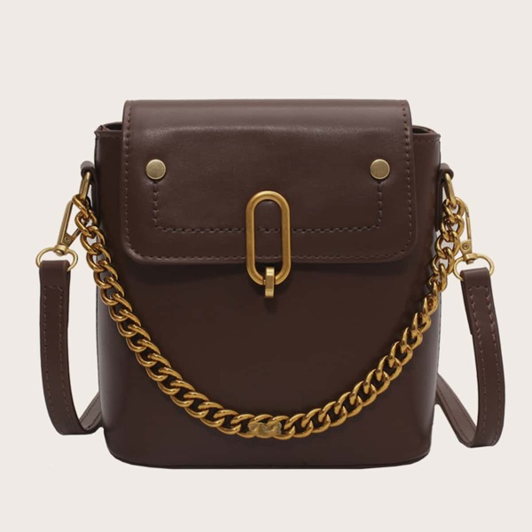 

Solid Metal Lock Chain Satchel Bag, Coffee brown