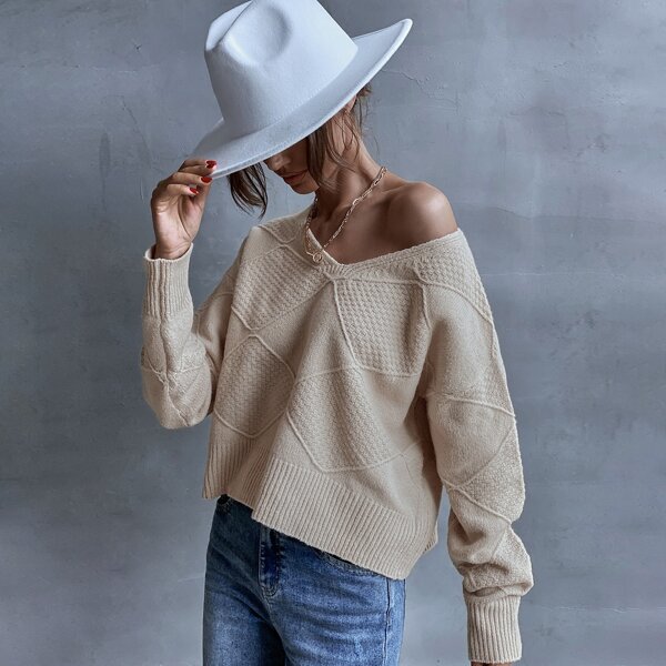 

Drop Shoulder Geo Knit Sweater, Khaki