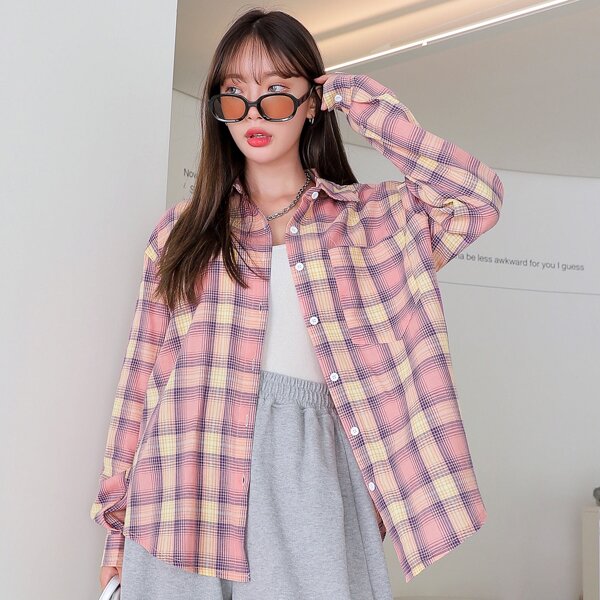 

Plaid Drop Shoulder Blouse, Pink