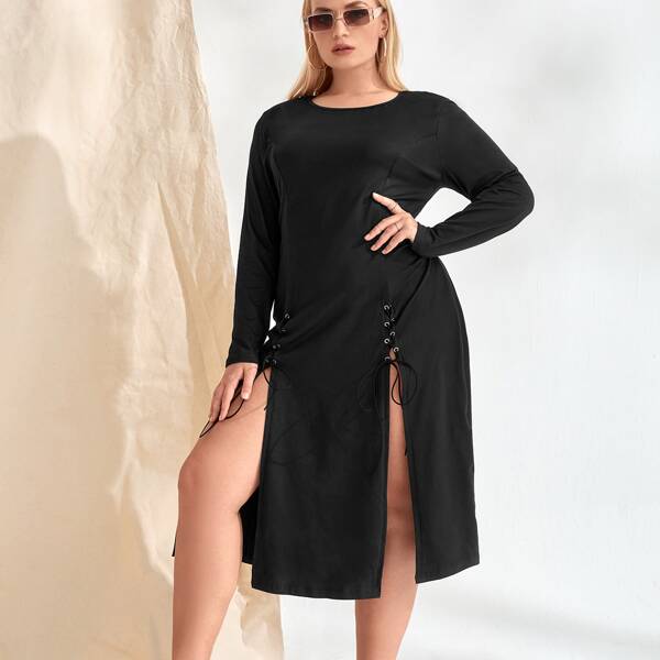 

Plus Lace Up Front M-split Dress, Black