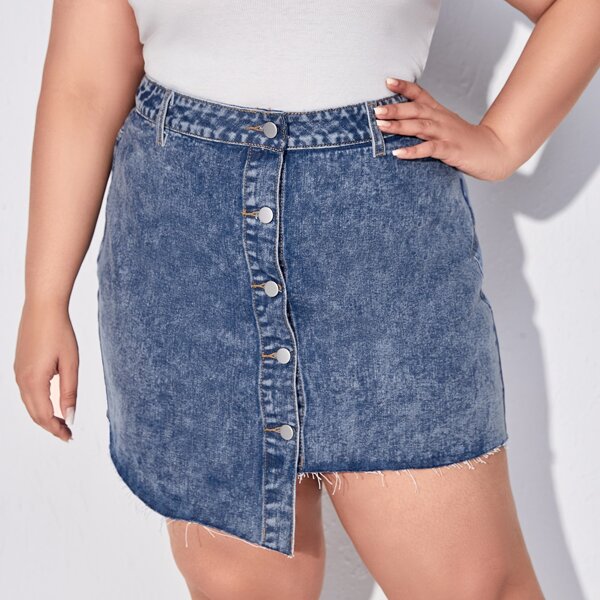 

Plus High Waist Asymmetrical Hem Denim Skirt, Medium wash