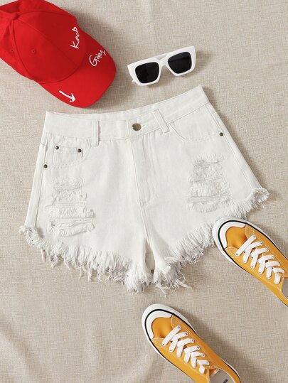 Destroyed Fray Hem Denim Shorts