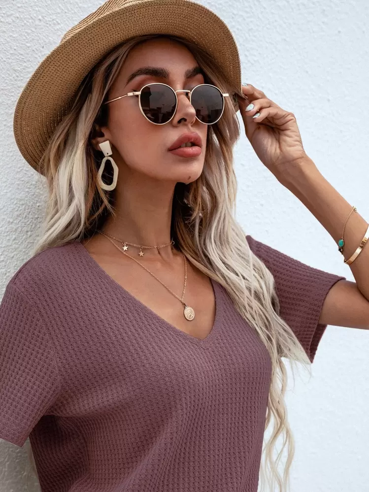 SHEIN LUNE Camiseta unicolor escote V tejida waffle - Rosa vieja - Añade 1