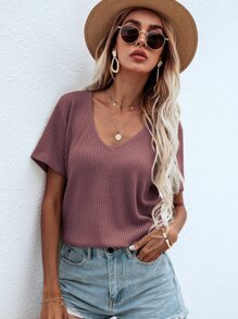 SHEIN LUNE Waffle Knit V Neck Solid Tee - Dusty Pink - View 2