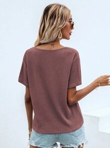 SHEIN LUNE Waffle Knit V Neck Solid Tee - Dusty Pink - View 3