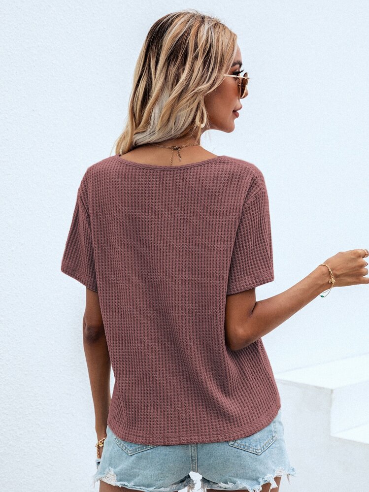 SHEIN LUNE Camiseta unicolor escote V tejida waffle - Rosa vieja - Añade 3