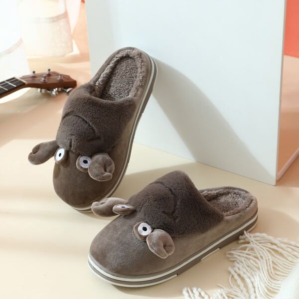 

Men Cartoon Graphic Fuzzy Novelty Slippers, Coffee brown