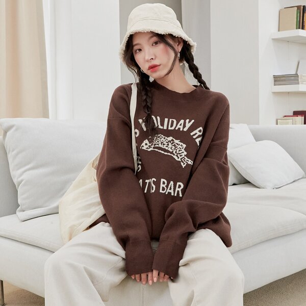 

Fish & Letter Pattern Drop Shoulder Sweater, Coffee brown