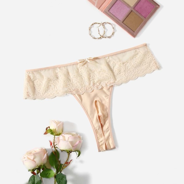 

Plus Contrast Lace Crotchless Thong, Apricot